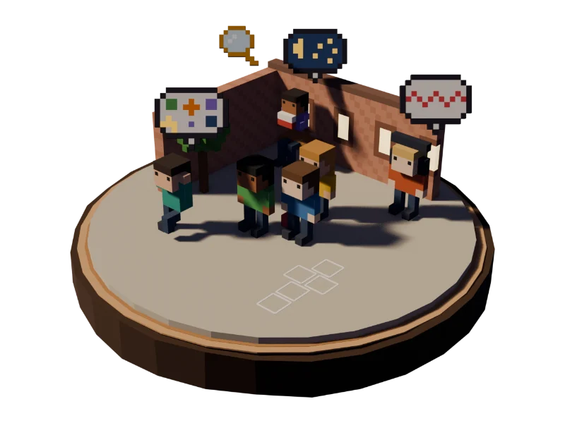 Illustration im Pixel-Stil: ein Schulhof, in der Mitte spielt eine Gruppe, am Rand drei Kinder mit Gedankenblasen – ein Sternenhimmel, eine Lärm-Zacke und viele bunte Ideen –, daneben eine Lupe.