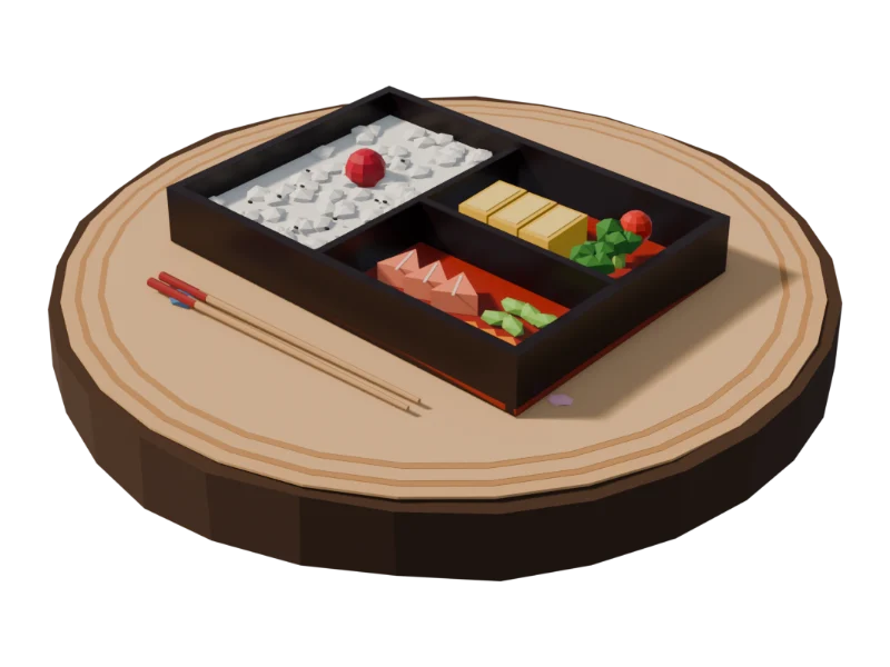 Illustration: eine japanische Bento-Box mit Reis, Tamagoyaki, Lachs, Brokkoli und Edamame auf einer Baumscheibe, daneben Essstäbchen.