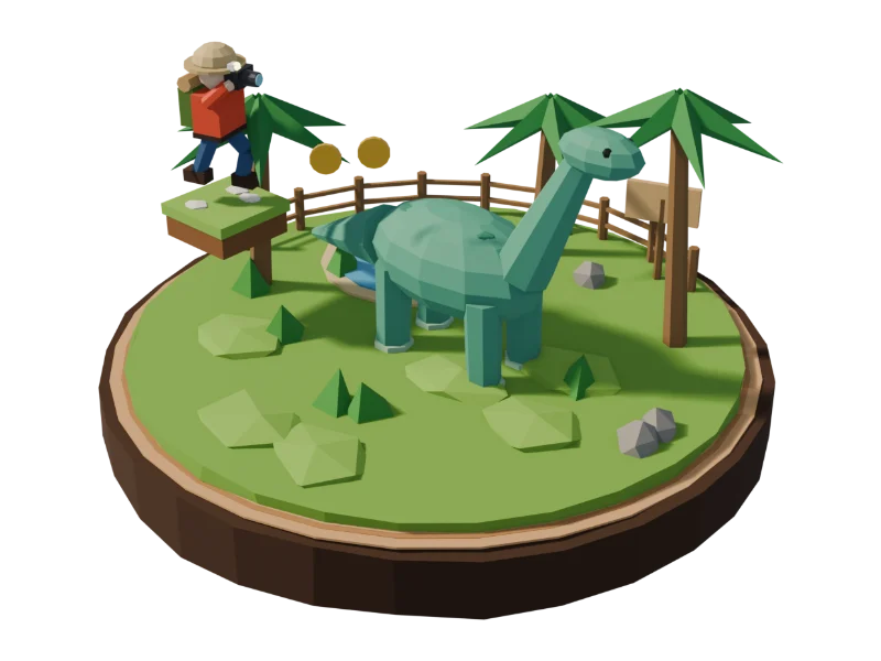 Illustration: Ein kleiner Entdecker springt mit Kamera von einer schwebenden Plattform und fotografiert einen Langhals-Dinosaurier in einem Park mit Palmen und Zaun.