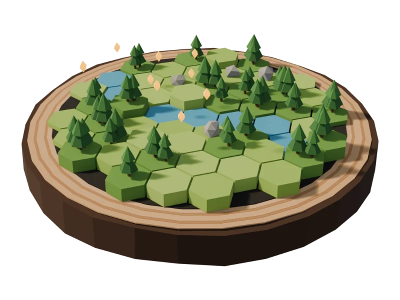 Illustration: eine kleine Waldwelt aus Sechseckfeldern mit Nadelbäumen, Felsen und einem Bach, darüber leuchtende Funken.