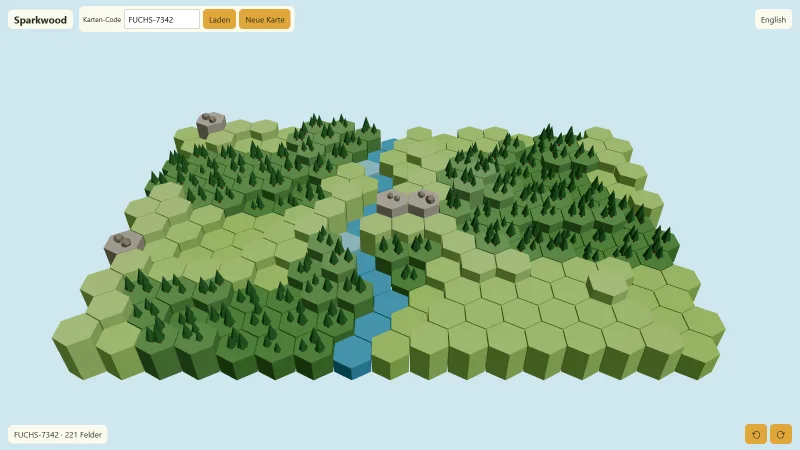 Sparkwood im Browser: eine 3D-Waldkarte mit Wiesen, Wald, Felsen und einem Bach; oben das Feld für den Karten-Code FUCHS-7342.