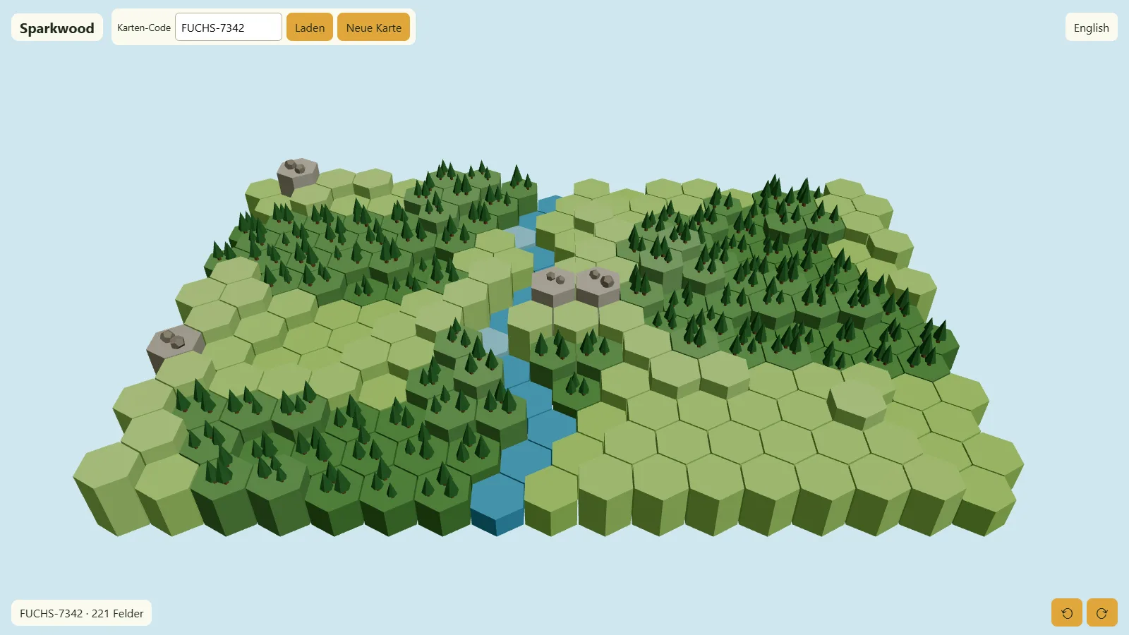 Sparkwood im Browser: eine 3D-Waldkarte aus dem Karten-Code FUCHS-7342 mit Wiesen, Wald, Felsen und einem Bach