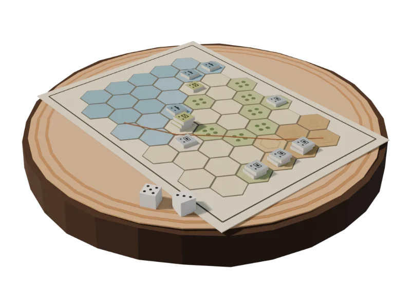 Illustration: eine gedruckte Hexkarte mit Küste, Wäldern und Hügeln, darauf gestapelte Pappmarker, daneben zwei Würfel.