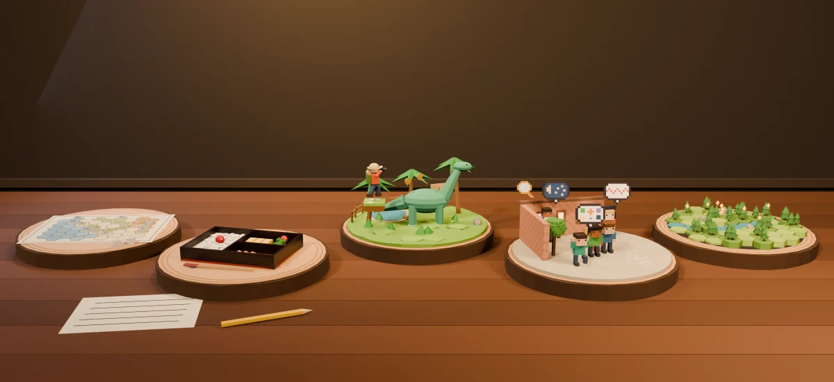 Illustration: fünf kleine Spielwelten auf Baumscheiben stehen nebeneinander auf einer Werkbank – eine Hexkarte mit Spielsteinen, eine Bento-Box, ein Dino-Park, ein Pixel-Schulhof und ein Wald aus Sechseckfeldern.